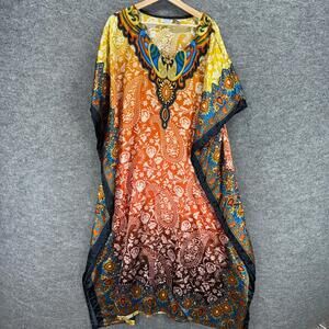 Sante Kaftan Dress Women One Size Orange Paisley Midi Short Sleeve V-Neck